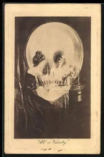 AK Dame sitzt an ihrem Schminktisch, Totenkopf Metamorphose, All is Vanity