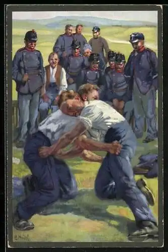 Künstler-AK sign. E. Hodel: Schweizer Soldaten beim Ringen / Schwingen