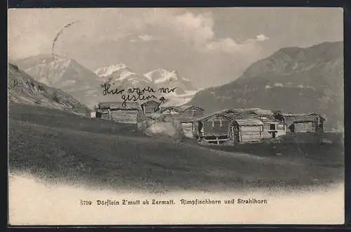 AK Zermatt, Z`mutt ob Zermatt, Ortsansicht mit Rimpfischhorn und Strahlhorn