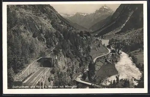 AK Wassen, Gotthardbahn-Tunnel u. Windgälle aus der Vogelschau