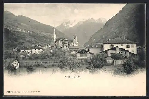 AK Visp, Teilansicht mit Kirche und Gebirge