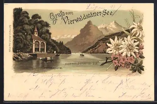 Lithographie Tellskapelle am Vierwaldstätter-See, Ansicht mit Seepartie und Bergspitzen, Edelweiss