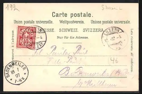 Lithographie Tellskapelle am Vierwaldstätter-See, Ansicht mit Seepartie und Bergspitzen, Edelweiss