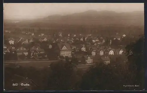 AK Buchs, Totalansicht mit Bergblick aus der Vogelschau
