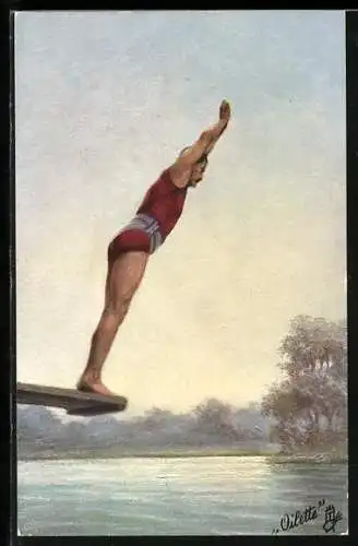 Künstler-AK Wasserspringer vor dem Sprung