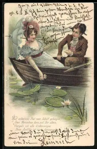 AK Paar mit Schirm in einem Boot