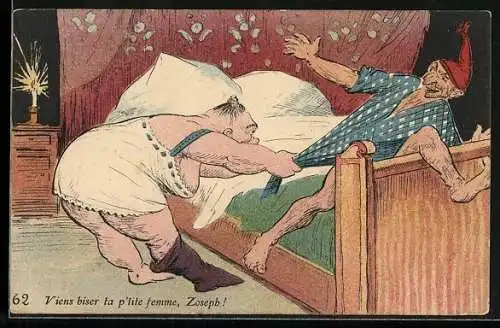 AK Hässliche Frau zieht an ihrem Mann, frauenfeindlicher Humor