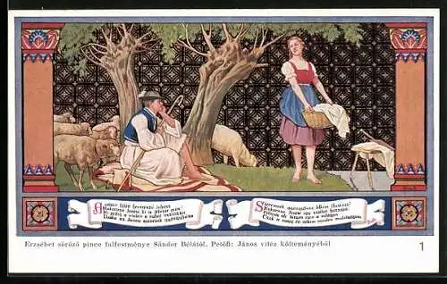 AK Märchen von Janos Vitez, Mann auf Schafsweide schaut Frau beim Waschen zu