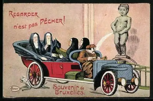 AK Bruxelles, Auto-Fahrer wird vom Manneken-Pis nassgemacht, Nonnen amüsieren sich
