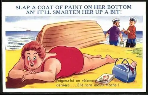 AK Dicke Frau am Strand