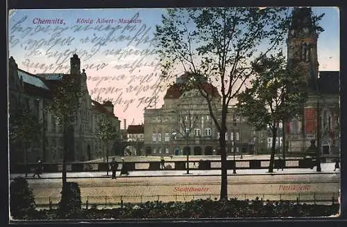AK Chemnitz, König Albert-Museum, Stadttheater u. Petrikirche