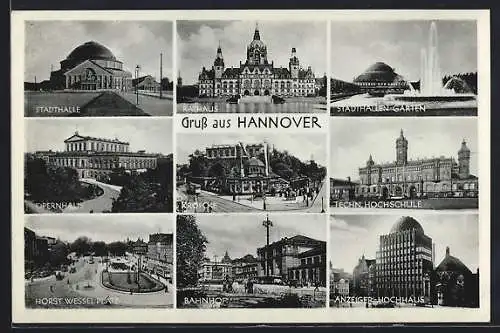 AK Hannover, Stadthalle, Opernhaus, Platz, Bahnhof, Anzeiger-Hochhaus
