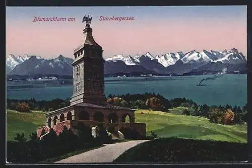 AK Starnberg, Bismarckturm mit Starnberger See u. Alpenpanorama