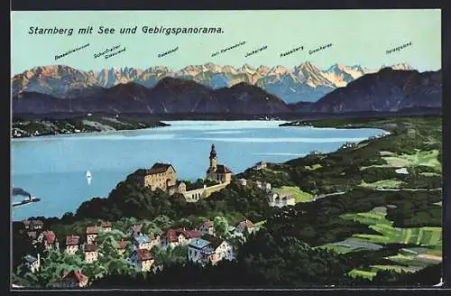 AK Starnberg, Totale des Ortes mit Blick auf den See und Gebirgspanorama