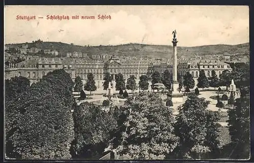 AK Stuttgart, Schlossplatz mit neuem Schloss aus der Vogelschau
