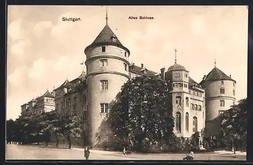 AK Stuttgart, Altes Schloss mit Strasse
