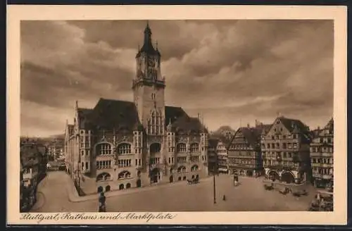 AK Stuttgart, Rathaus und Marktplatz aus der Vogelschau