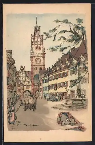 Künstler-AK Freiburg-Oberlinden / Breisgau, Strassenpartie mit Brunnen