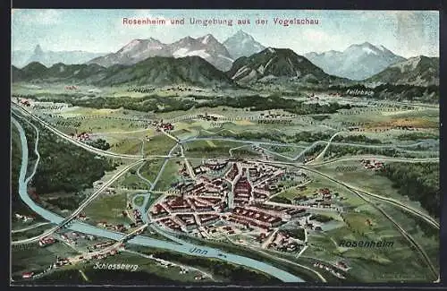 Künstler-AK Eugen Felle: Rosenheim / Bayern, Ortsansicht mit Schlossberg, Aising und Feilnbach aus der Vogelschau