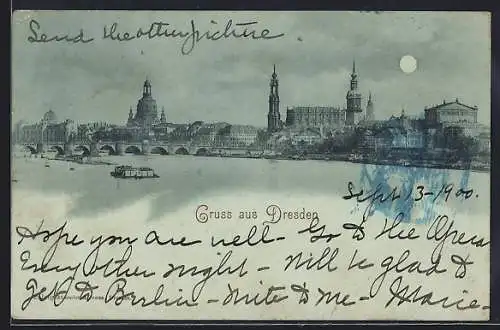 Mondschein-AK Dresden, Flusspartie an der Elbe mit Altstadt