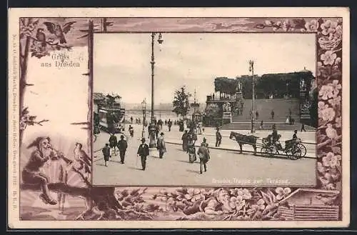 AK Dresden, Treppe zur Terrasse, Passepartout mit Zwergen