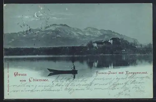 Mondschein-AK Herreninsel /Chiemsee, Teilansicht mit Kampenwand und Boot