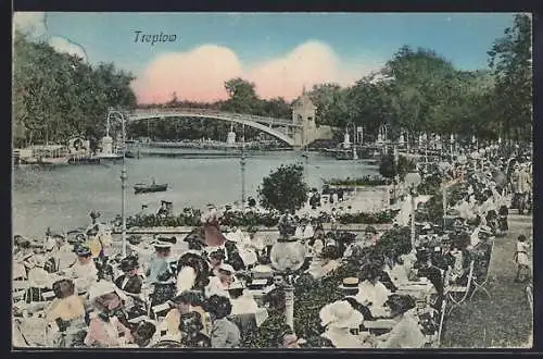 AK Treptow, Uferpartie mit Cafe und Brücke