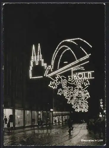 AK Essen / Ruhr, Friedrich-Ebert-Strasse bei Nacht, Kölner Dom u. Hohenzollernbrücke aus Licht, Essener Lichtwochen 1961