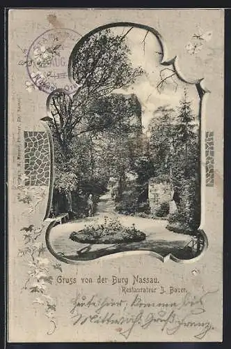 Lithographie Nassau / Lahn, Restaurant Burg Nassau von J. Bauer, Passepartout