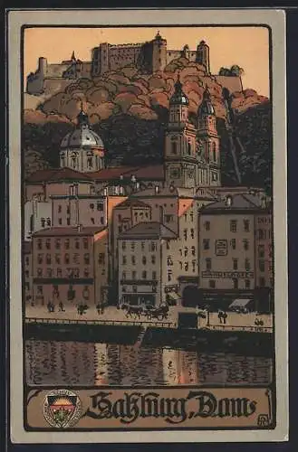 Steindruck-AK Deutscher Schulverein NR 313: Salzburg, der Dom und die Festung