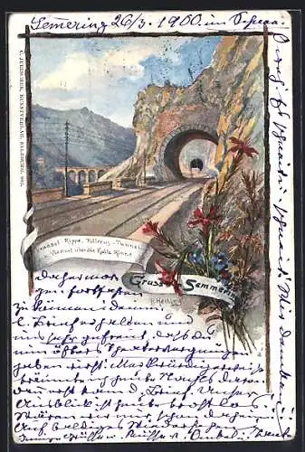 Lithographie Semmering, Kraasel Rippe, Potterus-Tunnel und Viaduct über die Kalte Rinne