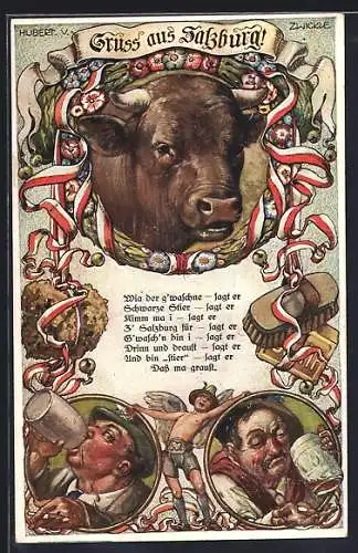 Künstler-AK Hubert von Zwickle: Salzburg, Stier, Engel in Tracht, Biertrinker