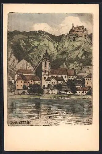 Künstler-AK Dürnstein, Uferpartie mit Kirche, Im Hintergrund Ruine