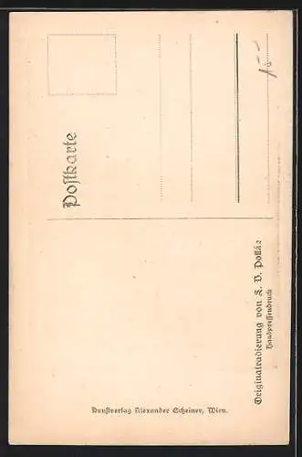 Künstler-AK Dürnstein, Uferpartie mit Kirche, Im Hintergrund Ruine