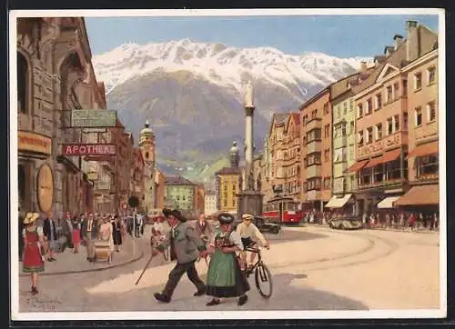 Künstler-AK Innsbruck, Strassenbahn in der Maria-Theresia-Strasse