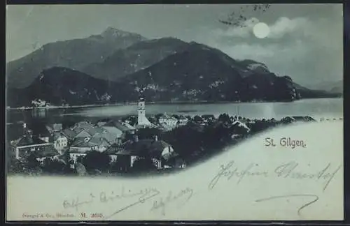 Mondschein-AK St. Gilgen, Teilansicht mit Bergen