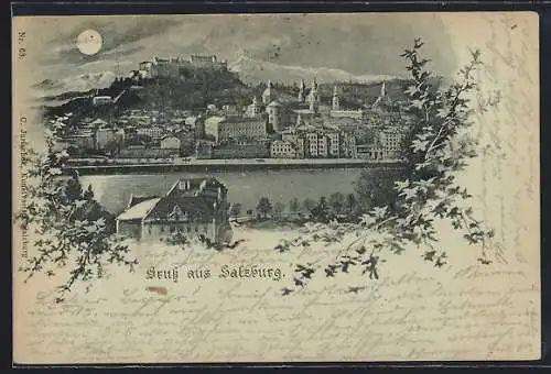 Mondschein-AK Salzburg, Teilansicht mit Festung