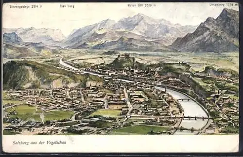 Künstler-AK Franz Kulstrunk: Salzburg, Teilansicht aus der Vogelschau, Hoher Göll, Untersberg & Pass Lueg