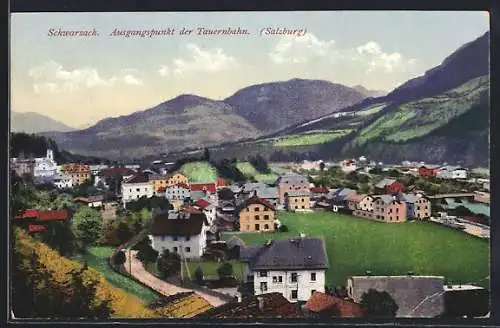 AK Schwarzach /Pongau, Ortsansicht mit der Kirche, Ausgangspunkt der Tauernbahn