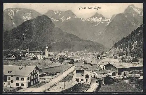 AK Lofer, Teilansicht mit Kirche und Strassenpartie