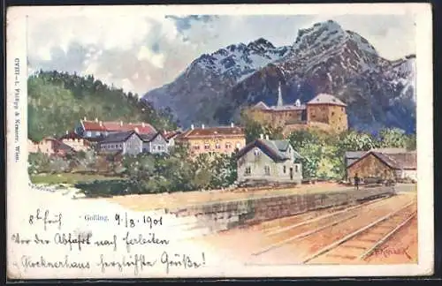Künstler-AK Franz Kopallik: Golling, Panorama mit Bahnhof