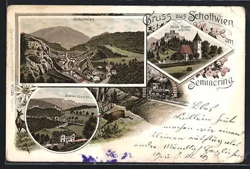 Lithographie Schottwien / Semmering, Ortsansicht aus der Vogelschau, Station Klamm