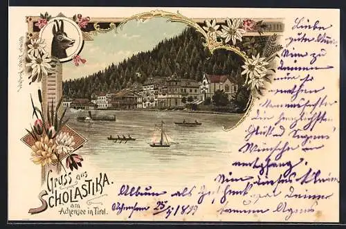 Lithographie Scholastika am Achensee, Teilansicht, Dampfer