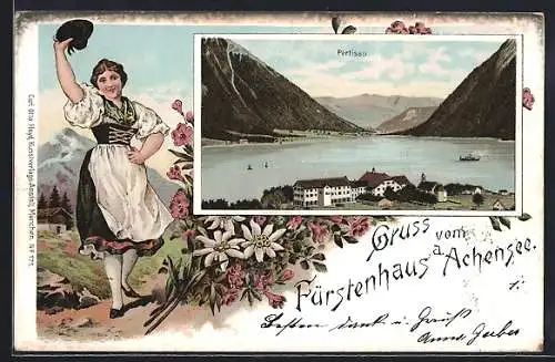 Lithographie Pertisau, Fürstenhaus mit Blick über den Achensee, Tiroler Tracht