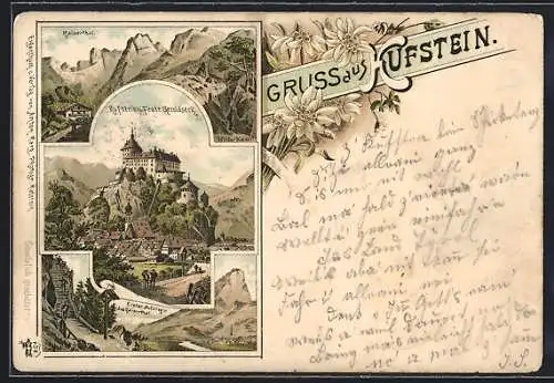 Lithographie Kufstein, Kaiserthal, Ortsansicht und Feste Geroldseck, Erster Aufstieg in das Kaiserthal