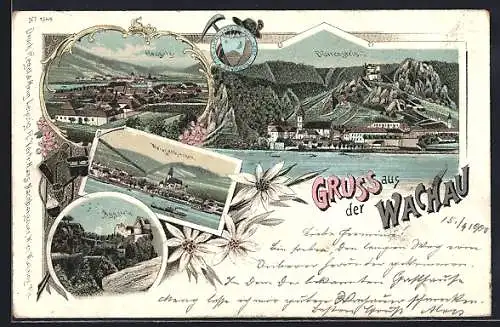 Lithographie Rossatz /Wachau, Totalansicht, Weissenkirchen, Aggstein und Dürrenstein