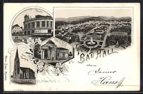 Lithographie Bad Hall, Neue Pfarrkirche, Theater, Thassilo Quelle