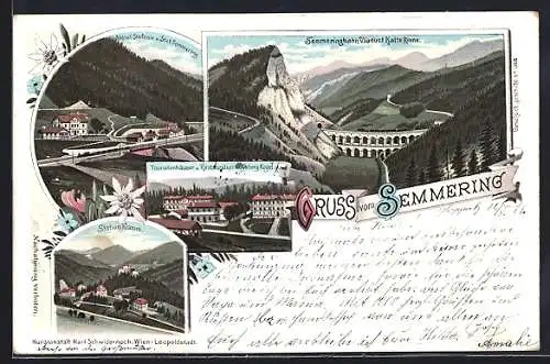 Lithographie Semmering, Blick auf Semmeringbahn, Kalte Rinne, Stefanie Hotel und Station Semmering, Station Klamm
