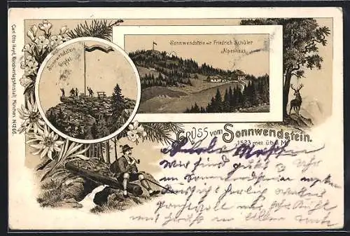 Lithographie Schottwien, Sonnwendstein, Friedrich Schüler-Alpenhaus, Gipfel