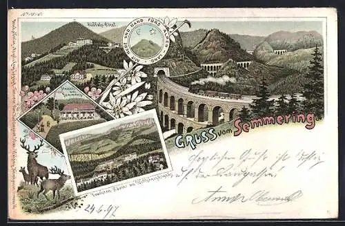 Lithographie Semmering, Südbahn-Hôtel, Touristen-Häuser am Wofsbergkogel, Meierei am Semmering